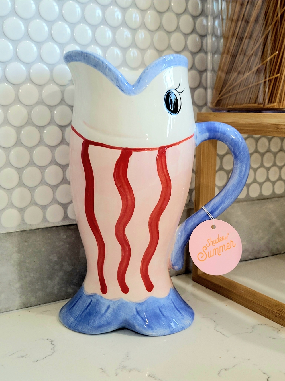 Shades Of Summer Hand-Painted Ceramic Fish 27 fl oz Pitcher - Pink Blue White